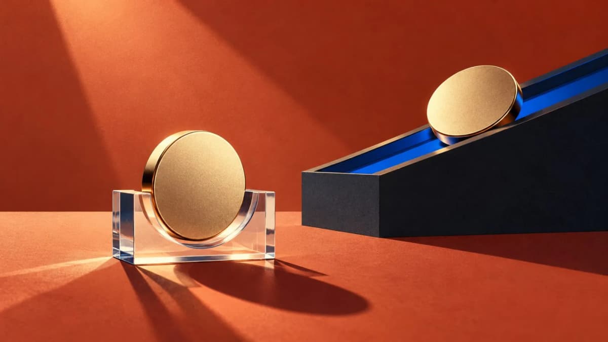 An unmarked metal token sits within a clear acrylic cradle / TokenPost.ai