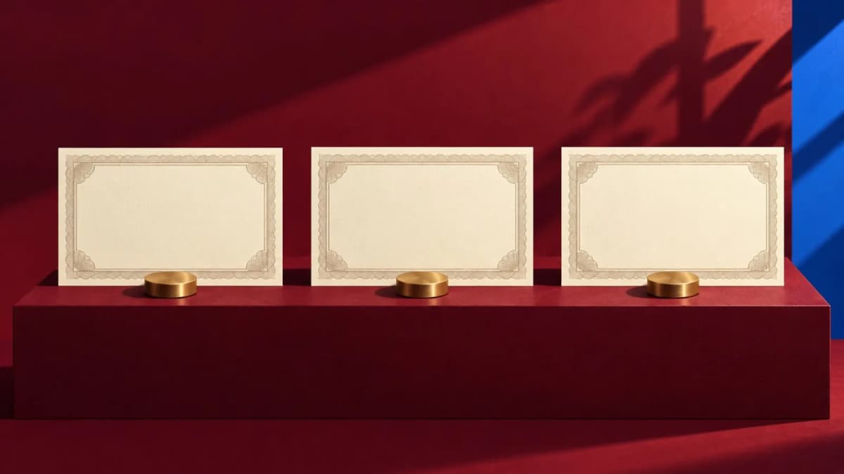 Three unmarked share certificates rest in a row on burgundy / TokenPost.ai