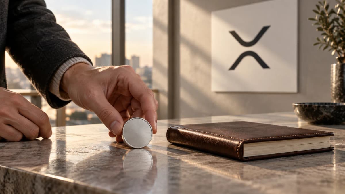 A silver token balances above a narrow, intact stone ledge / TokenPost.ai