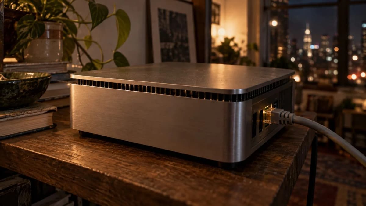 A small network computer sits on a shelf after dark / TokenPost.ai