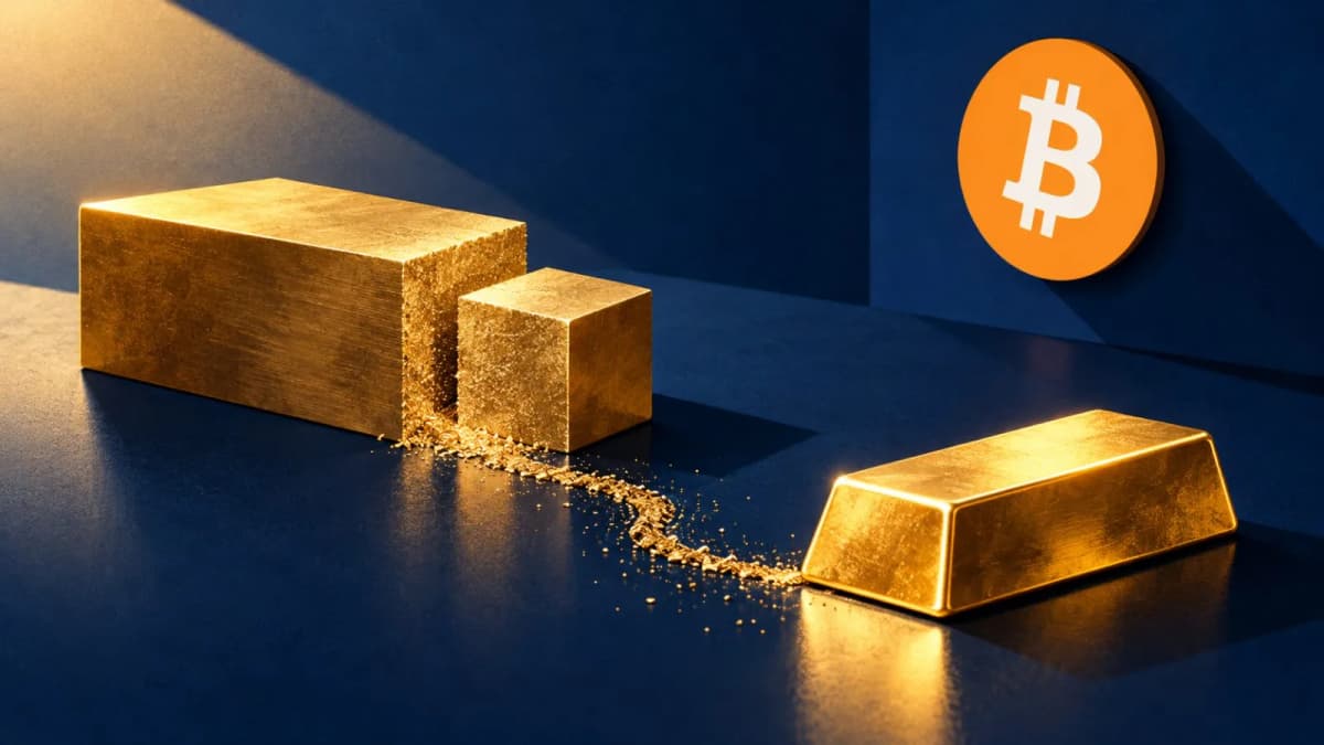 An unmarked gold coin rests beside a descending steel arm. / TokenPost.ai