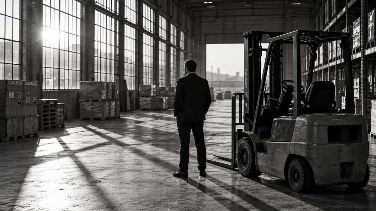 An executive stands beside a lift truck in a quiet warehouse / TokenPost.ai