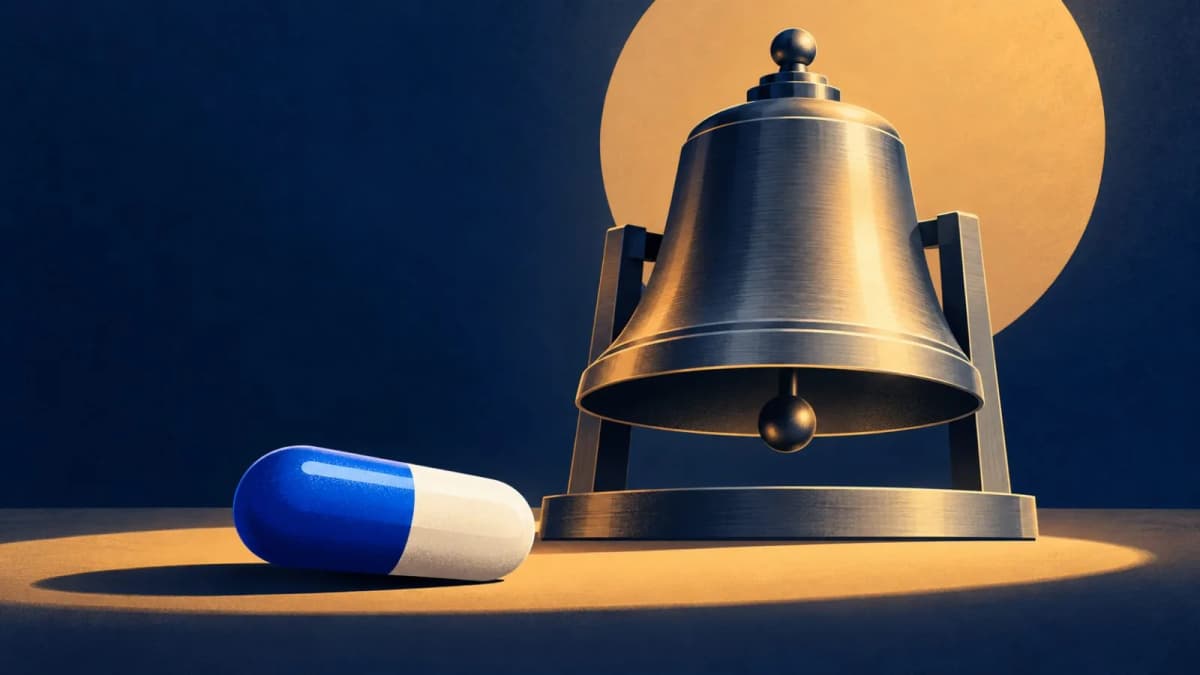 An unmarked capsule rests beside a brushed-metal exchange bell / TokenPost.ai