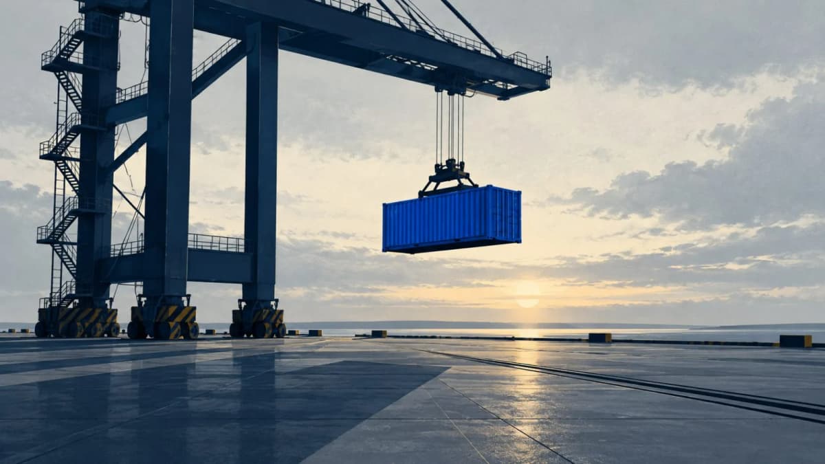 A shipping container hangs above an empty import terminal. / TokenPost.ai
